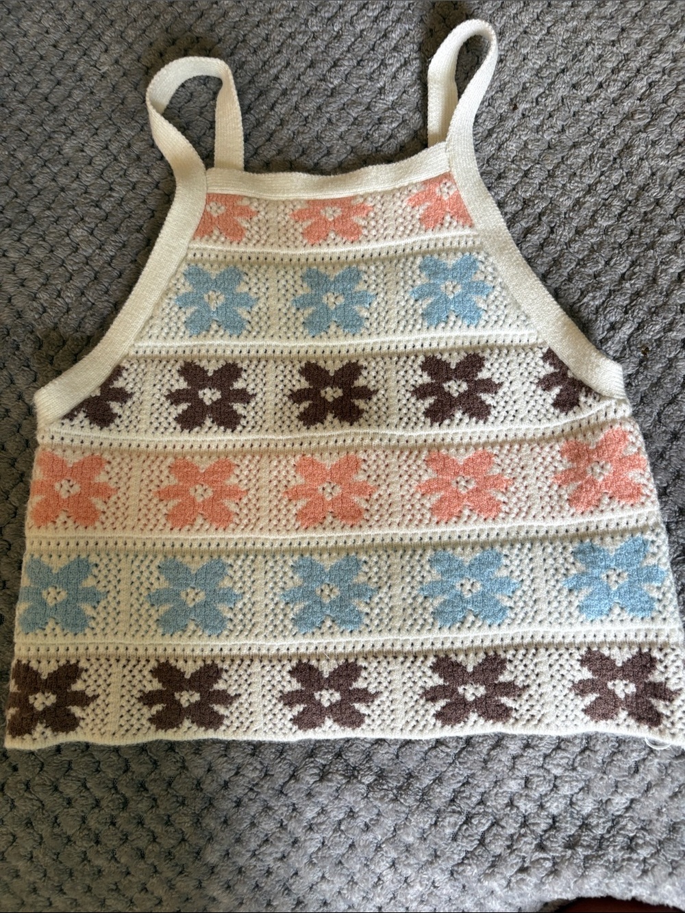 Hippie Rose Cream Crochet V-Neck Tank with Blue, Peach and Brown Floral Stripes